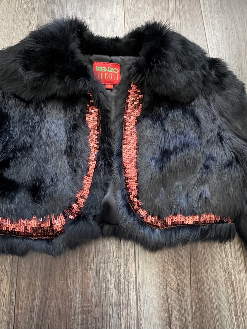 Kenzo Black Faux Fur Cropped Jacket with Red Sequin Trim